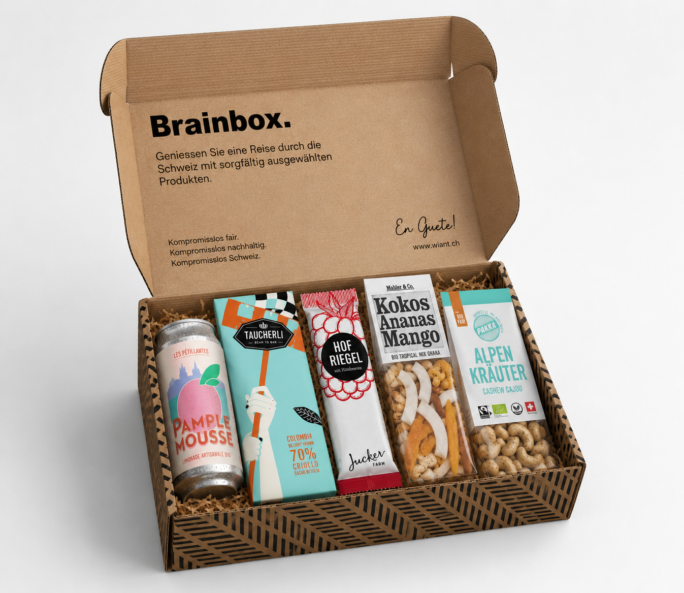 Offene WIANT Brainbox mit Schweizer Snacks und Getränk
